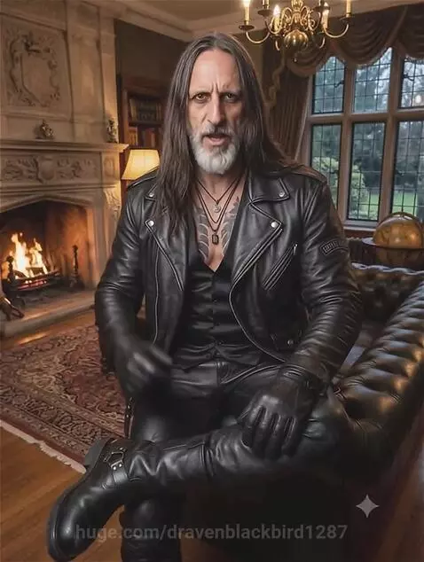 Man with long dark hair and white beard in leather jacket, sitting on couch, stating 'Family means everything. Love is stronger than anything.'