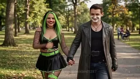 Couple in elaborate costumes, one with Joker-like makeup and the other with green hair, walking hand-in-hand in a park.
