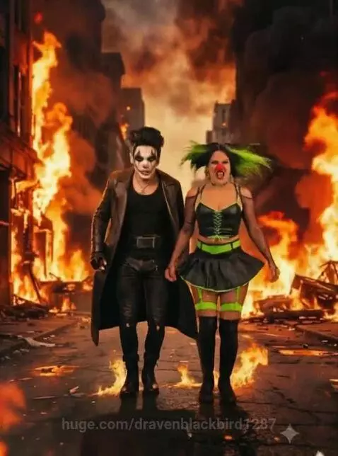 Couple in 'The Crow' and neon punk costumes smiling and walking hand-in-hand down a street with buildings on fire.
