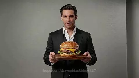 Man in a suit holding a large hamburger on a wooden board, looking at the camera.