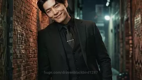 Man in a black suit and tie leaning against a brick wall in an alley, smiling.