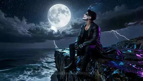Figure with clown-like face paint and trench coat on a rocky cliff under a full moon and lightning, overlooking the ocean.