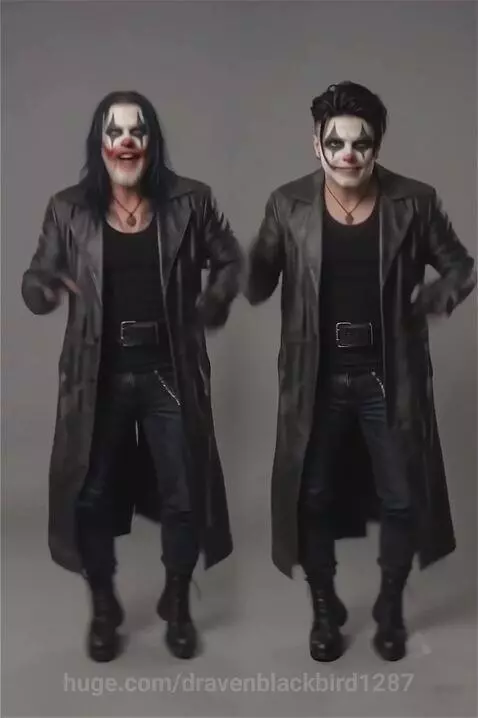 Two clowns with white face paint and black eye makeup, dressed in black, perform a synchronized dance.