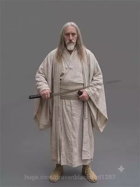 Older man with white hair and beard in a Japanese robe practicing katana sword movements against a grey background.