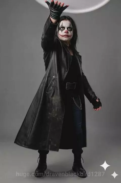 Dark clown with striking face paint in a black trench coat performs a magic trick with a floating cake.