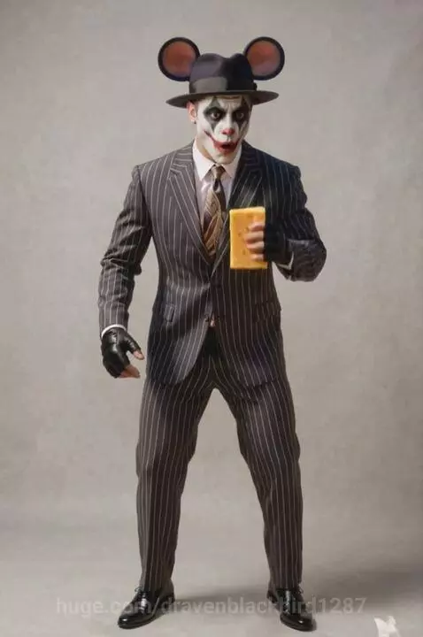 Man in pinstripe suit, fedora with mouse ears, and clown paint drops cheese as a giant tabby cat looms behind him.