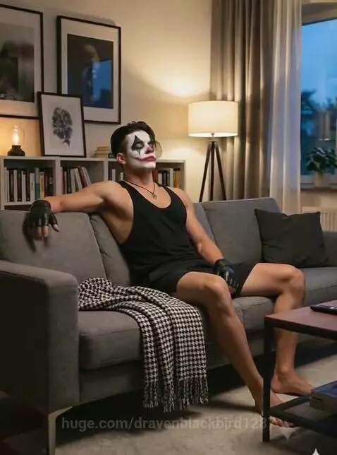 Man with clown makeup sleeping peacefully on a grey couch in a warmly lit living room.