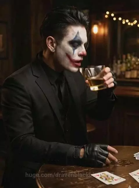 Man with Joker-style clown makeup, black suit, and fingerless gloves sits at a bar with playing cards and a drink.