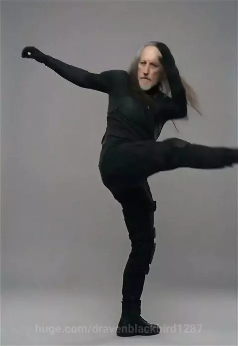 Man with grey hair and beard performing dynamic martial arts kicks and spin kick.