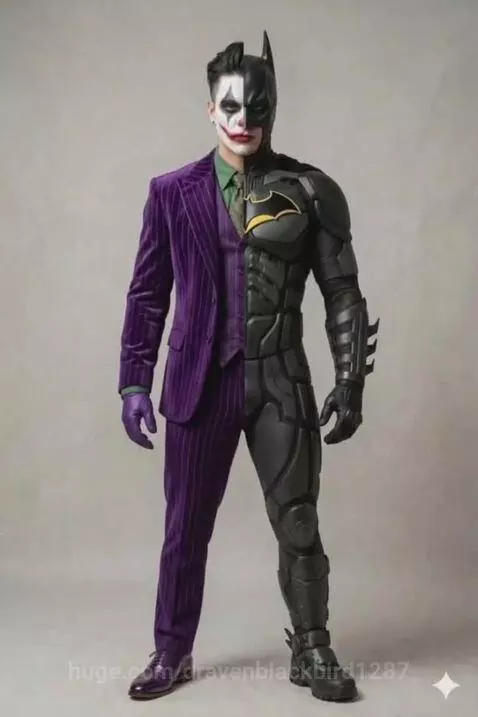Person in a split Joker and Batman costume, standing against a plain background.
