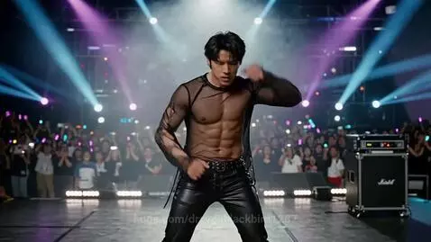 Muscular man with defined abs performing energetically on a stage in a sheer black top and leather pants.