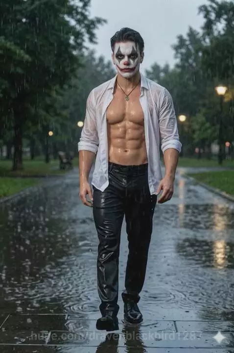 Muscular man with clown face paint walking in the rain on a park path, wearing a wet, unbuttoned shirt.