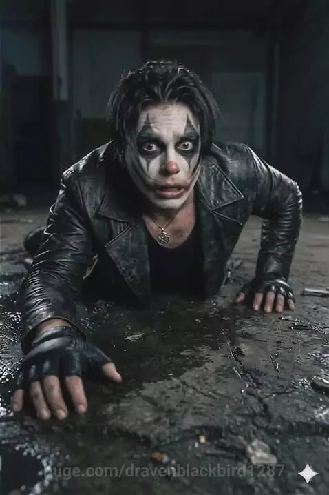 Clown with white face, black eyes, and red nose crawling on a wet, grimy floor in a dark, abandoned building.