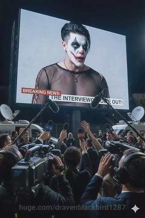 Large outdoor screen shows a person with dramatic clown makeup and 'BREAKING NEWS', while reporters gather below.