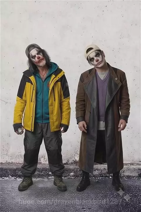 Two people with clown makeup and street clothes swaying their heads side-to-side against a light-colored concrete wall.