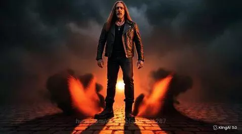 Man with long hair and beard wearing a black leather jacket, standing with fire effects in the background.
