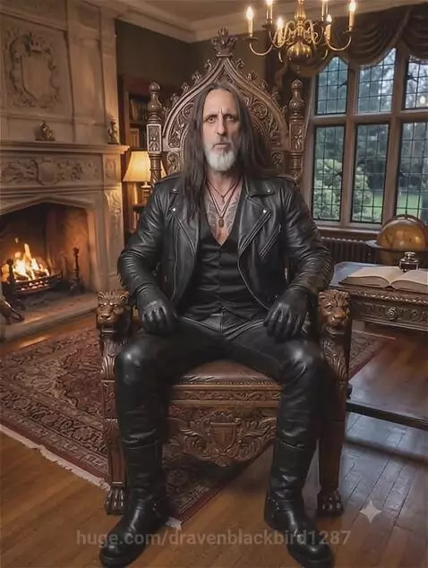 Man with long dark hair and beard in leather on throne, delivering a message about words.
