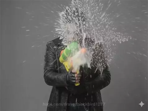 Clown with theatrical makeup and a leather jacket squirting water from a toy gun, creating a large splash towards the viewer.