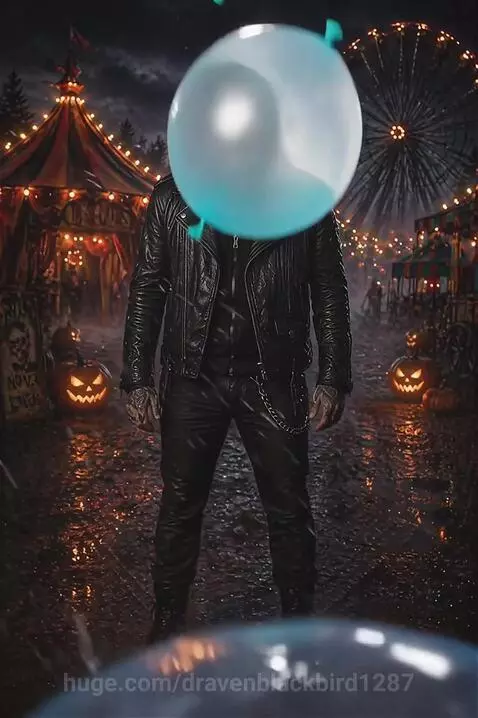 Clown in makeup and leather jacket drenched in water from a bursting balloon at a dark carnival at night.