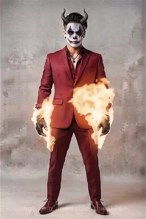 A person in a red suit and clown makeup surrounded by intense orange and yellow flames against a grey background.