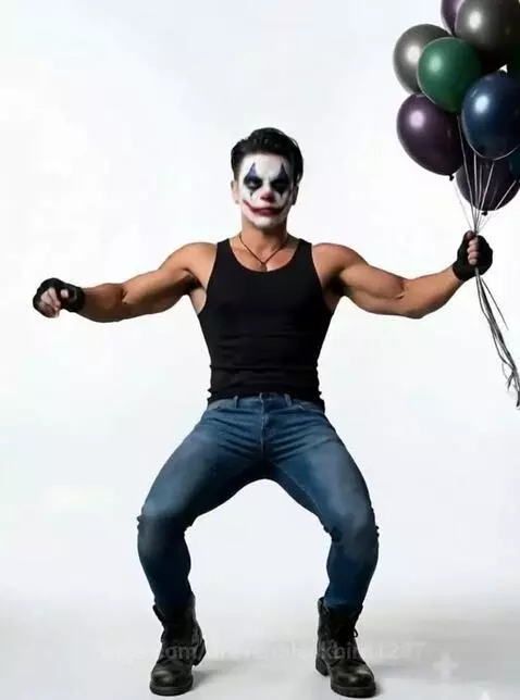 Man with clown makeup and balloons jumping high in the air against a white background.