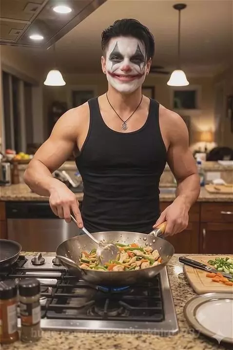 Man with Joker-like clown makeup smiling and stirring a colorful stir-fry in a wok.
