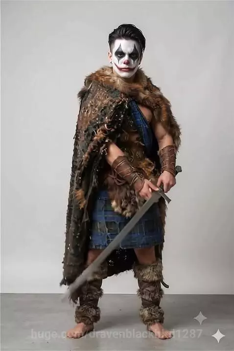 Warrior clown in detailed costume with fur cape, tartan kilt, and face paint holding a large sword.
