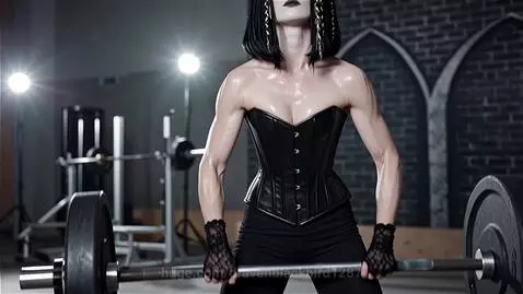 Muscular gothic woman with black hair and corset performing a heavy barbell clean and jerk lift in a gym.