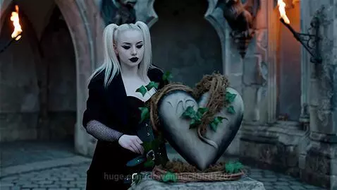 Gothic woman with blonde pigtails ignites a heart-shaped stone monument with dried material, creating a controlled flame.