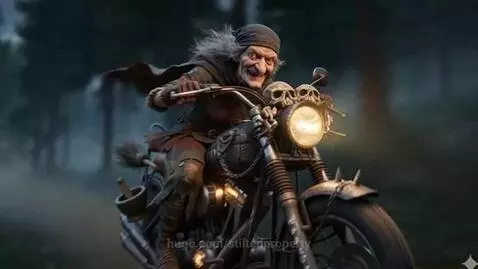 Baba Yaga, an old witch, rides a skull-adorned motorcycle with a broomstick through a dark, misty forest.