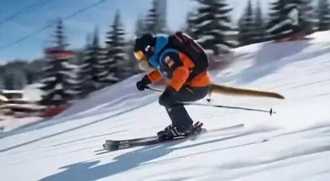 Anthropomorphic monkey in ski gear skiing down a snowy mountain slope with a ski resort in the background.