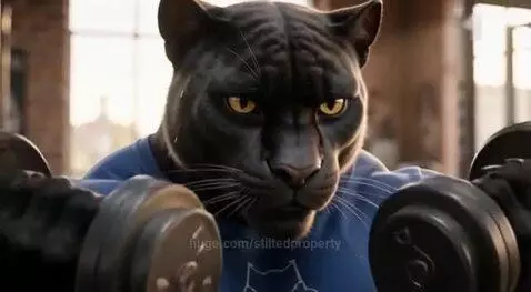 Anthropomorphic cats with muscular physiques lifting weights and working out intensely in a gym.