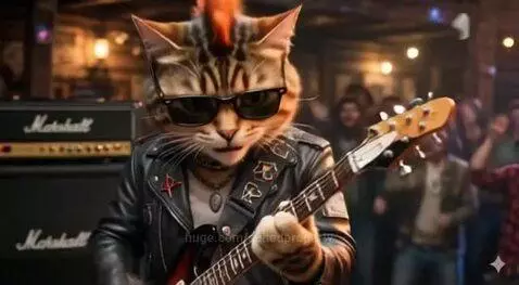 Animated anthropomorphic cats performing as a rock band on stage with a cheering audience.