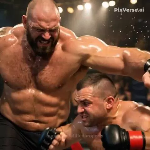 Two muscular men in an MMA cage, one larger, engaging in a simulated fight with punches and dodges.