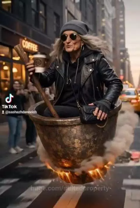Elderly woman with sunglasses and beanie flying in a metallic cauldron over a city street.