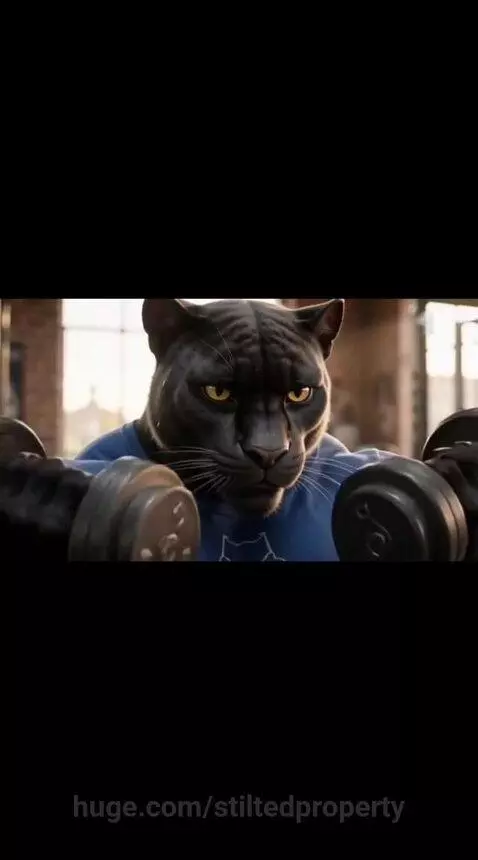 Muscular anthropomorphic cats working out in a gym, lifting weights and showing off their physiques.