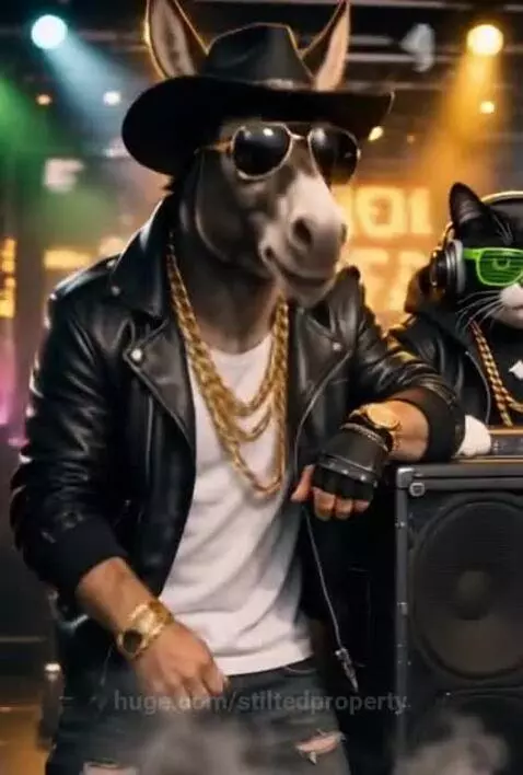 Anthropomorphic animal hip-hop band performing on a smoky stage with confetti falling.