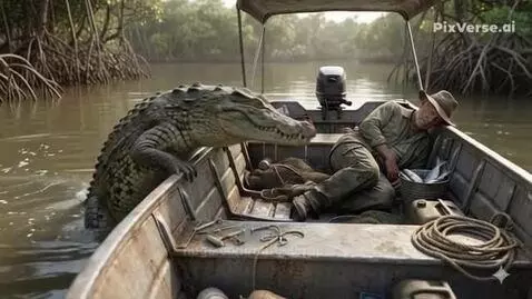 Large crocodile approaching a boat where a man is sleeping, eyeing a bucket of fish.