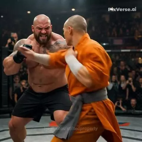 A muscular fighter in black shorts collapses after being struck by a monk in an orange robe in an MMA octagon.