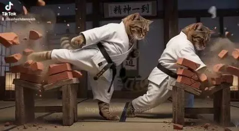 Two tabby cats in karate gis performing powerful kicks and punches to break stacks of bricks.