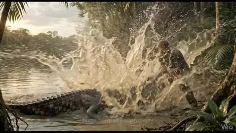 Man in a muddy river holding open the jaws of a large crocodile, jungle background.