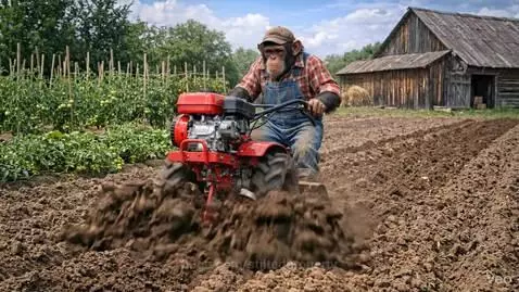 Chimpanzee wearing a plaid shirt, blue overalls, and baseball cap operating a red walk-behind tractor to till soil.