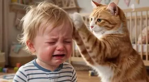 Orange tabby cat gently licking a crying blonde baby's cheek and forehead.