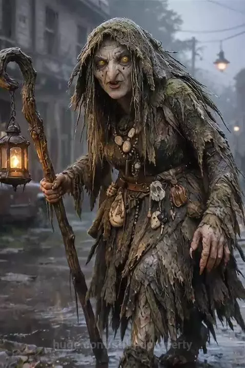 Grotesque witch with glowing yellow eyes and tattered clothes holds a lantern on a staff, menacingly demanding a like.