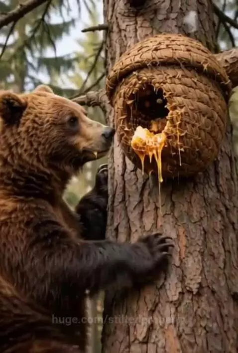 Mother bear and two cubs eating dripping honeycomb from a tree hive in a forest.