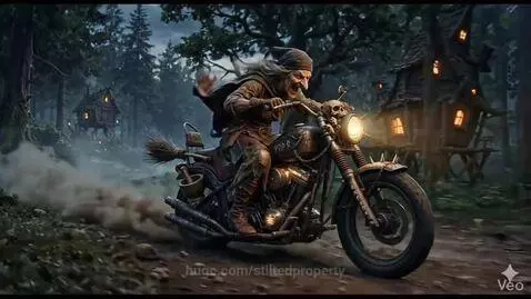 Grotesque witch with green skin and long nose riding a skull-decorated motorcycle through a dark, enchanted forest.
