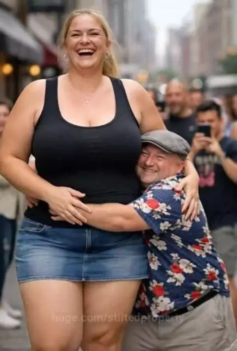 A tall blonde woman and a short man in a cap embrace and laugh on a bustling city street.