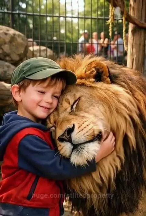 Young boy in a red and blue jacket and green cap hugging a large male lion with its eyes closed.