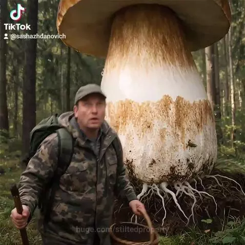 Man in camouflage looking up in shock at a massive, towering mushroom in a forest.