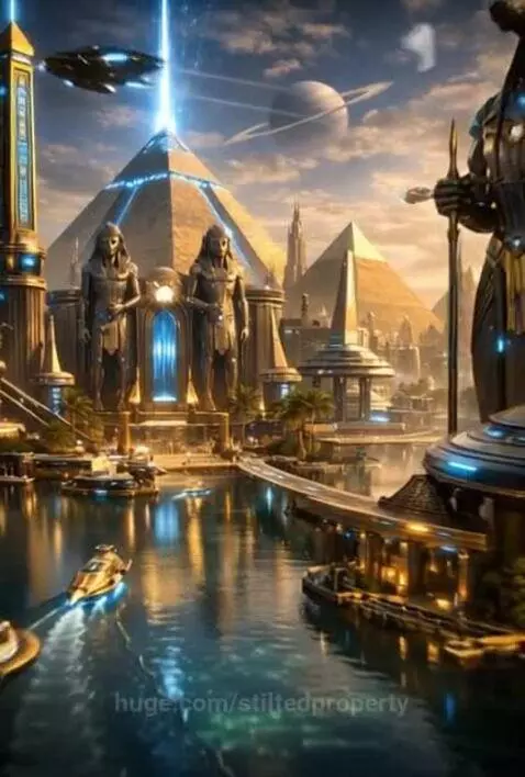 Futuristic ancient Egypt with glowing pyramids, advanced city canals, flying vehicles, and colossal statues.